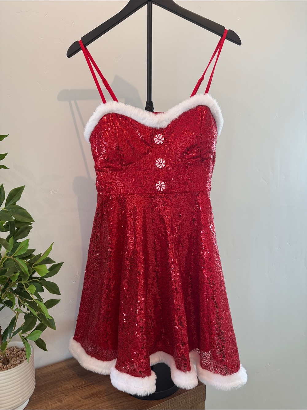 Red Sequin Festive Holiday Dress with Faux Fur Trim